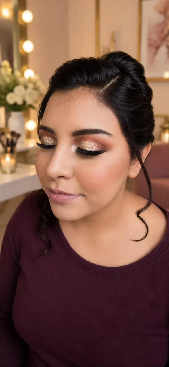 Maquillaje con sombra dorada, delineado y pestañas